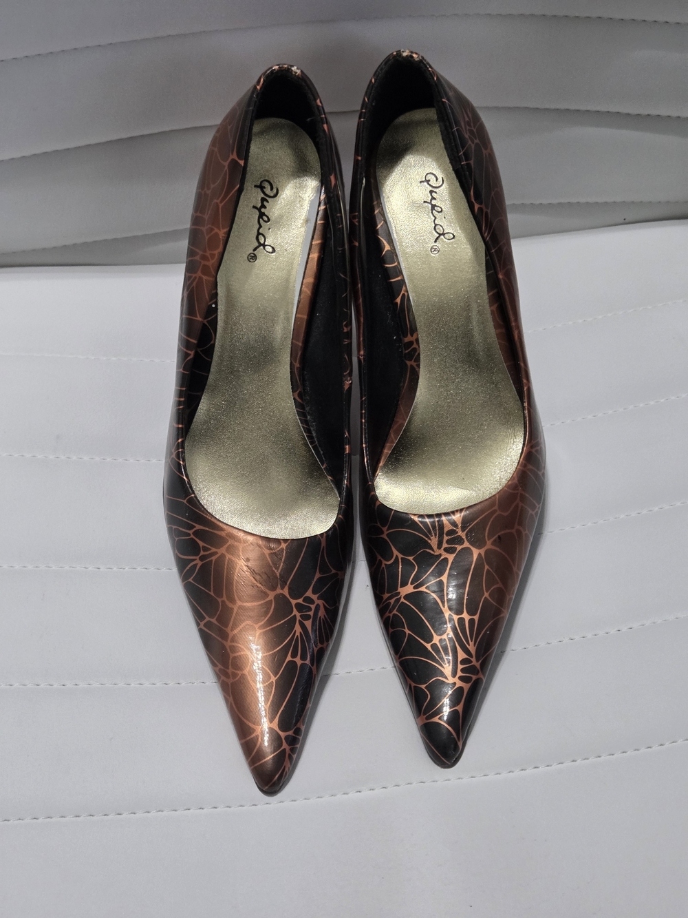 Qupid Bronze Metallic Pointed Toe Pumps | Black & Copper Abstract Overlay Heels